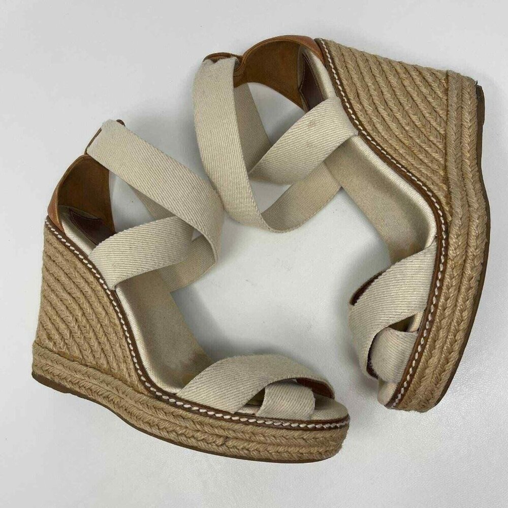 Tory Burch Adonis Crisscross Sandals Womens Size 9 Wedge Espadrilles Beige - Picture 2 of 12